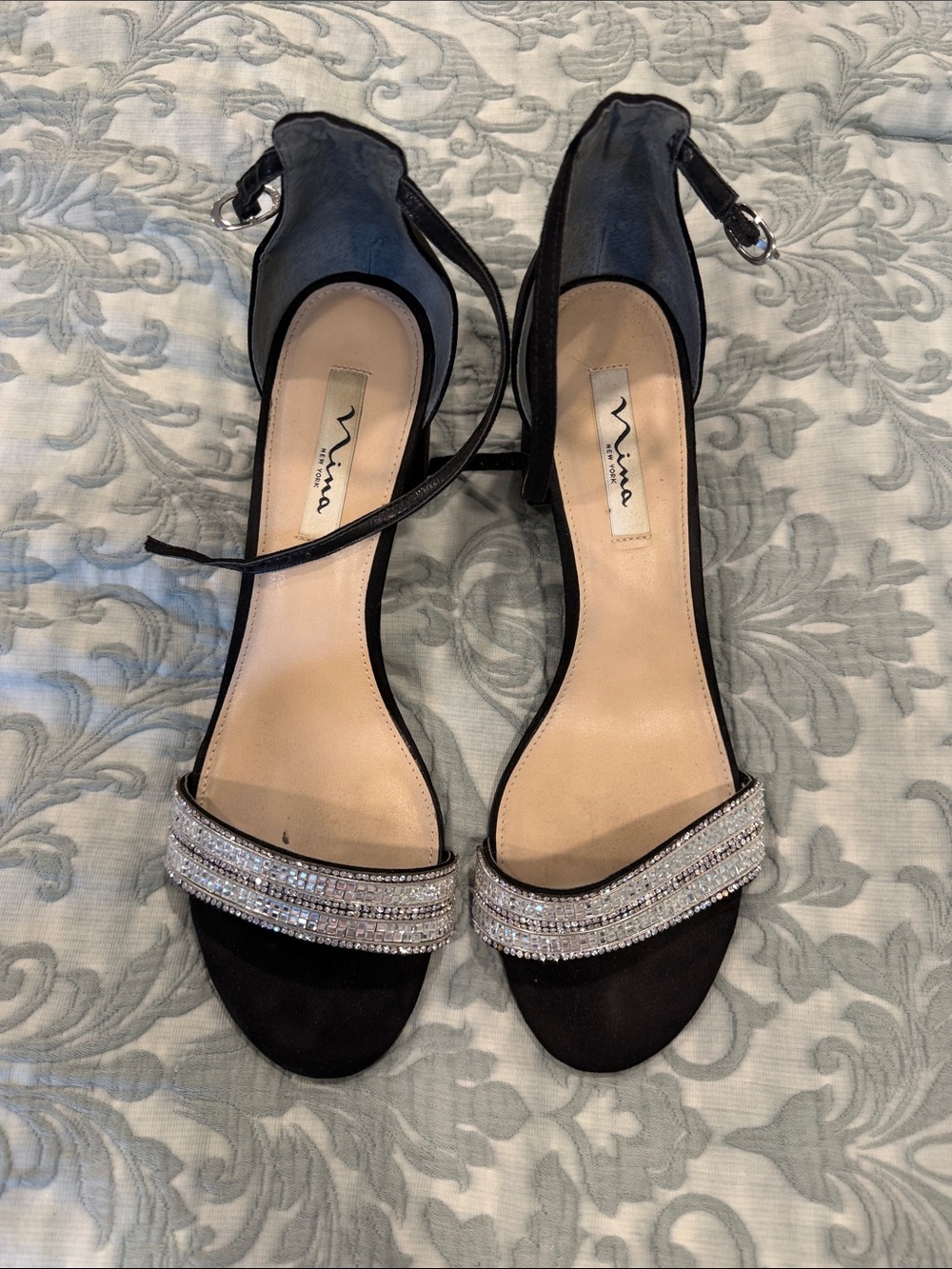Nina Black Ankle-Strap Sandals with Silver Crystal Band